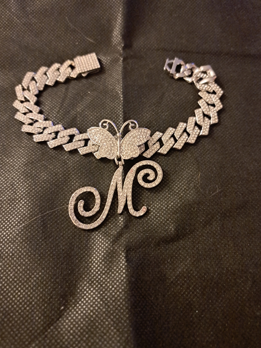 Silver Butterfly Initial 'M' Pavé Cuban Link Anklet.